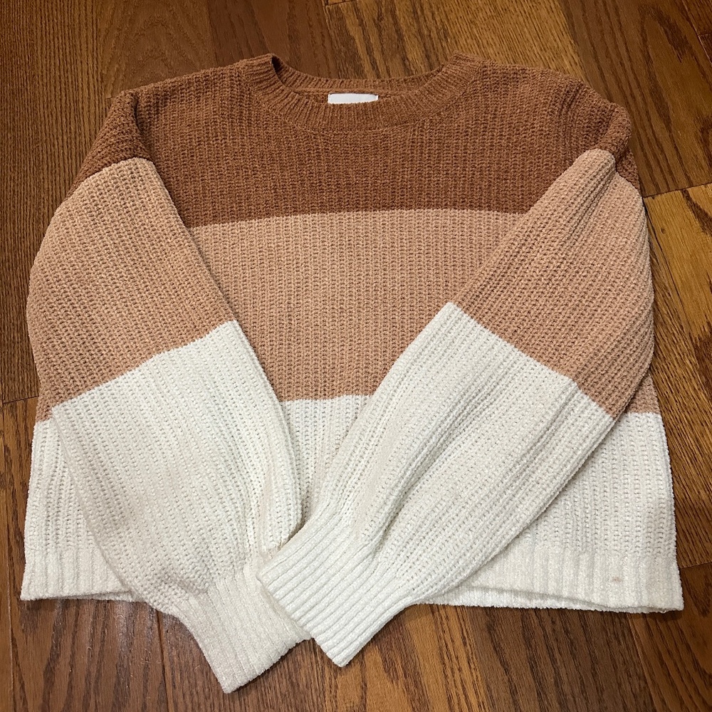 ! Pink Rose Beige Trim Color Fall Soft Cozy Long Sleeve Crop Sweater Women S